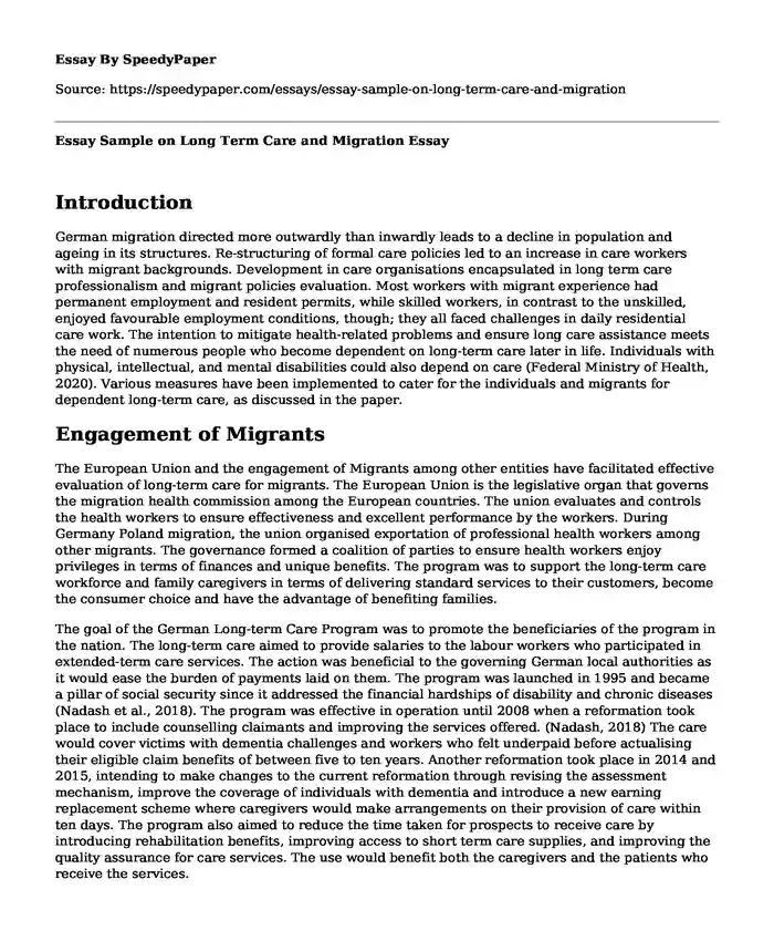 Essay Sample on Long Term Care and Migration