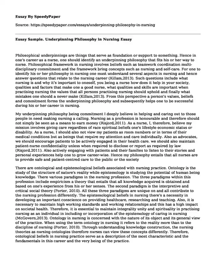 Essay Sample. Underpinning Philosophy in Nursing
