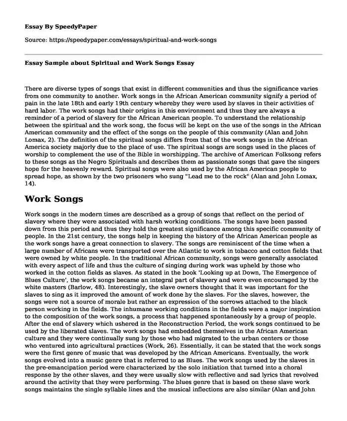 Essay Sample about Spiritual and Work Songs