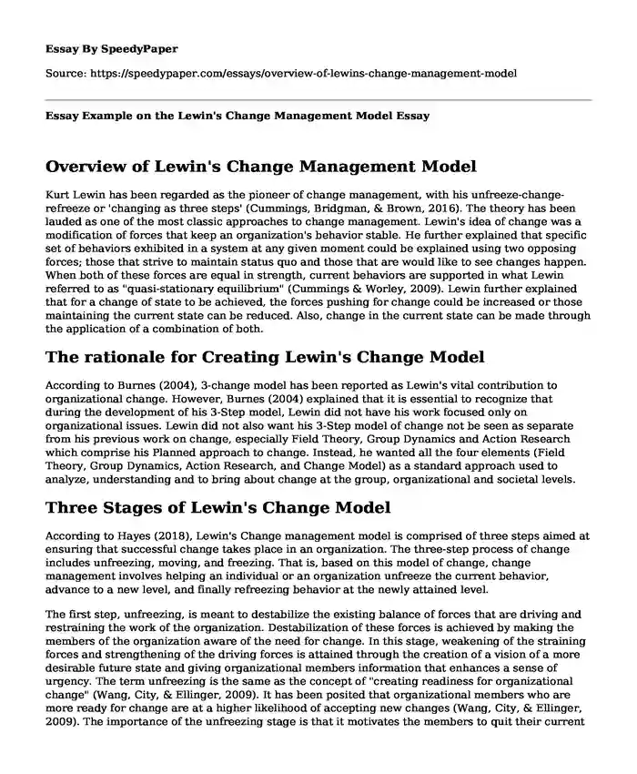 Essay Example on the Lewin's Change Management Model