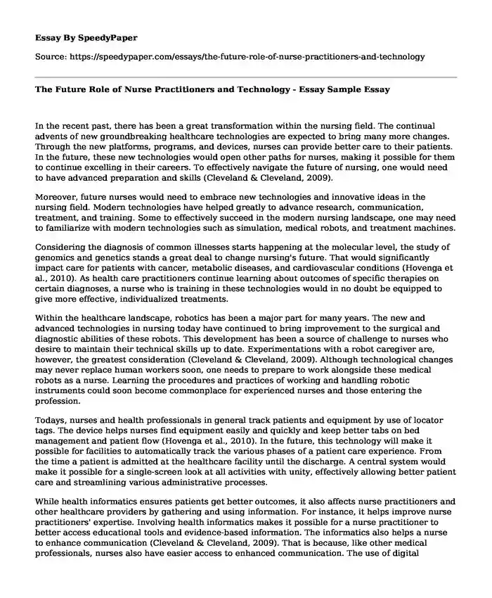 The Future Role of Nurse Practitioners and Technology - Essay Sample