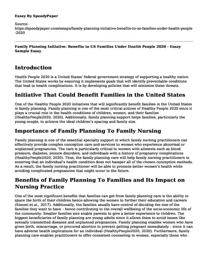 Family Planning Initiative: Benefits to US Families Under Health People 2020 - Essay Sample