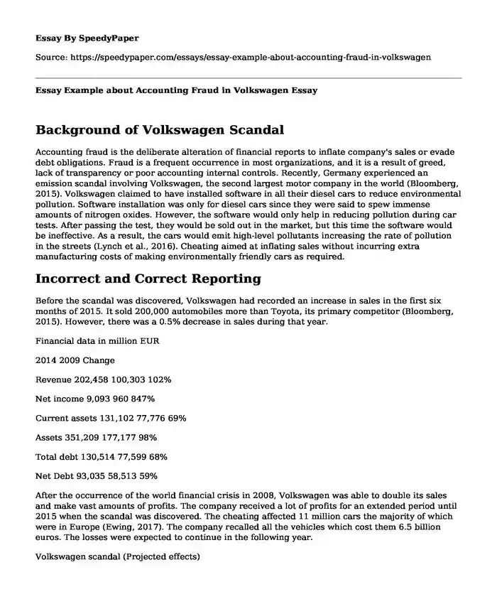 Essay Example about Accounting Fraud in Volkswagen