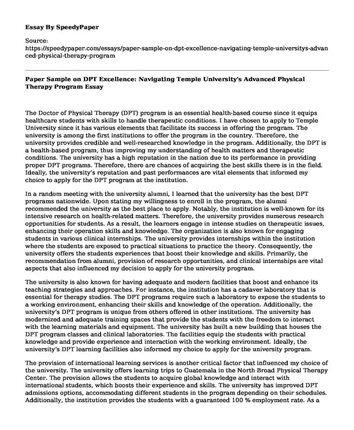 Paper Sample on DPT Excellence: Navigating Temple University's Advanced Physical Therapy Program