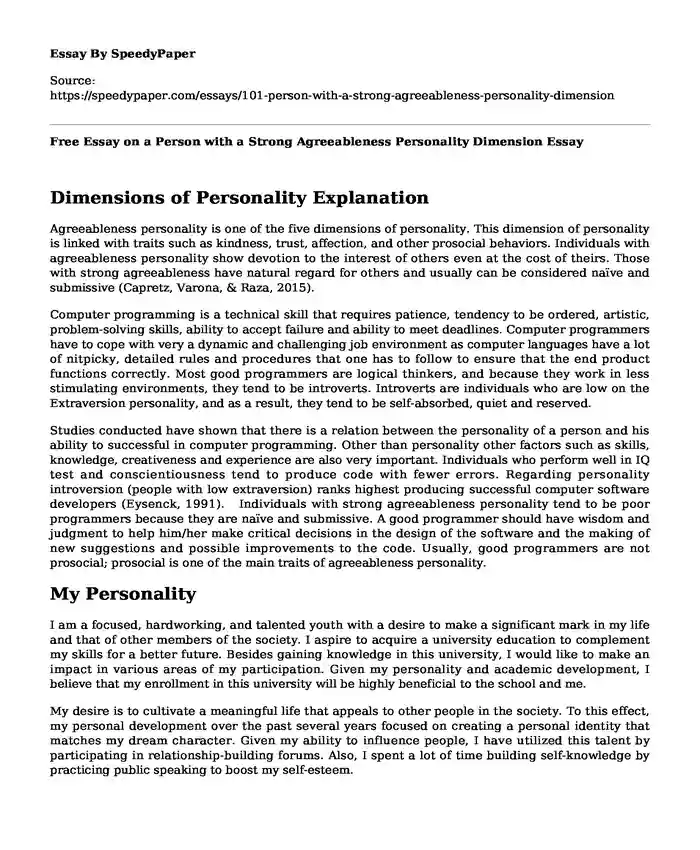 Free Essay on a Person with a Strong Agreeableness Personality Dimension