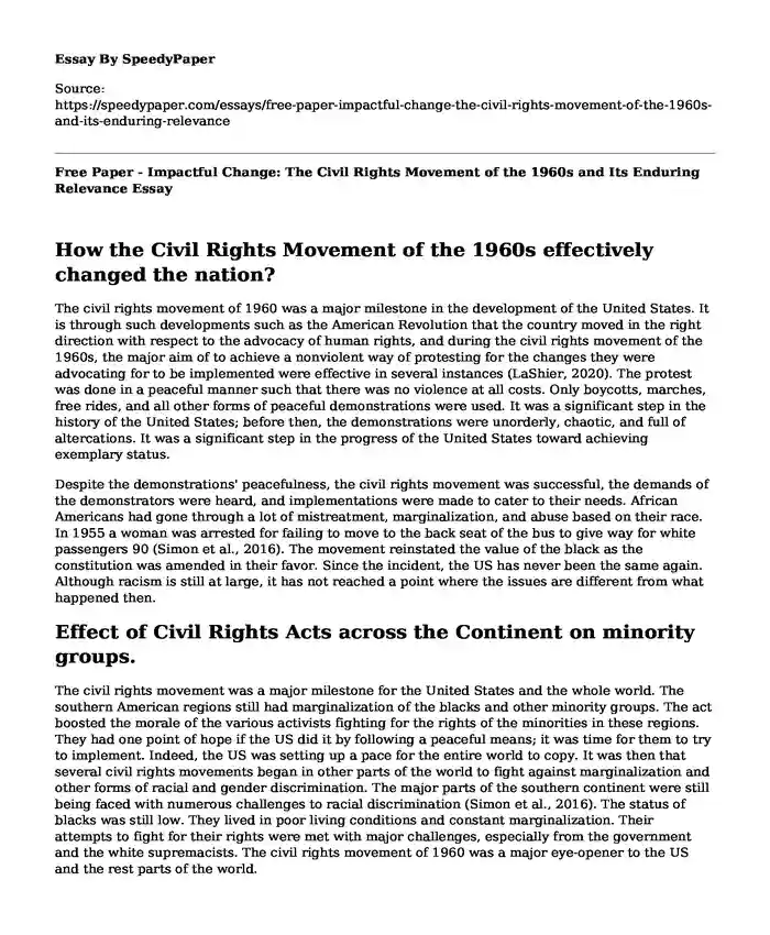 Free Paper - Impactful Change: The Civil Rights Movement of the 1960s and Its Enduring Relevance