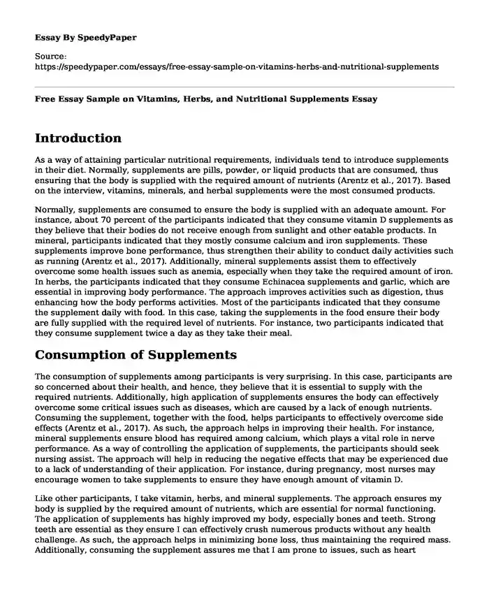 Free Essay Sample on Vitamins, Herbs, and Nutritional Supplements