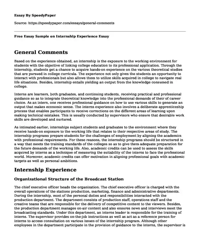 Free Essay Sample on Internship Experience
