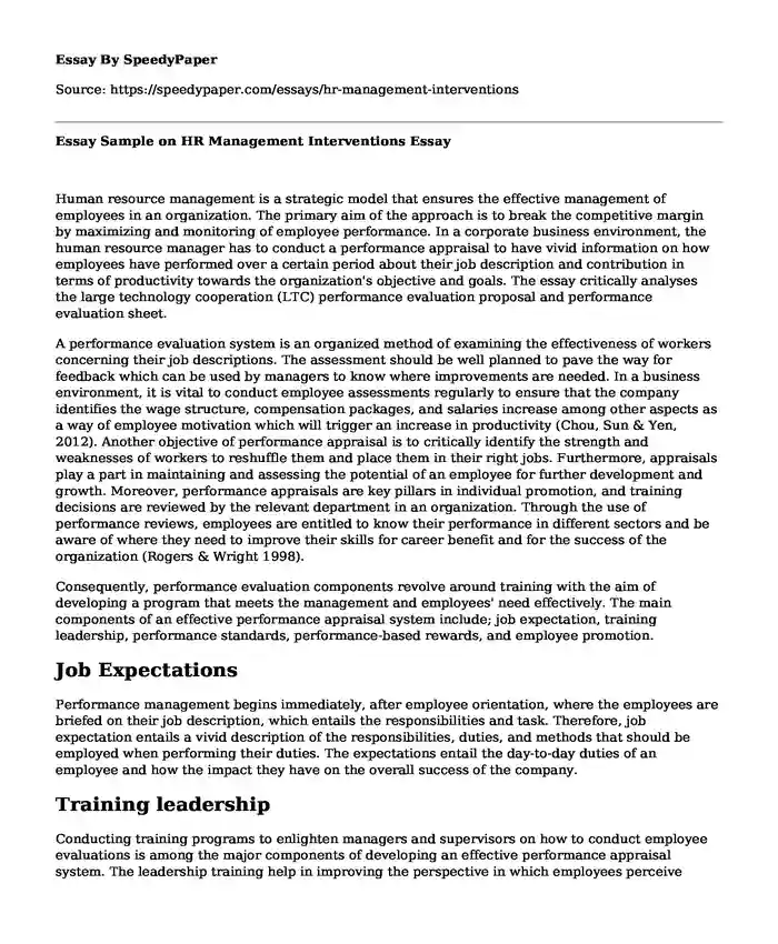 Essay Sample on HR Management Interventions