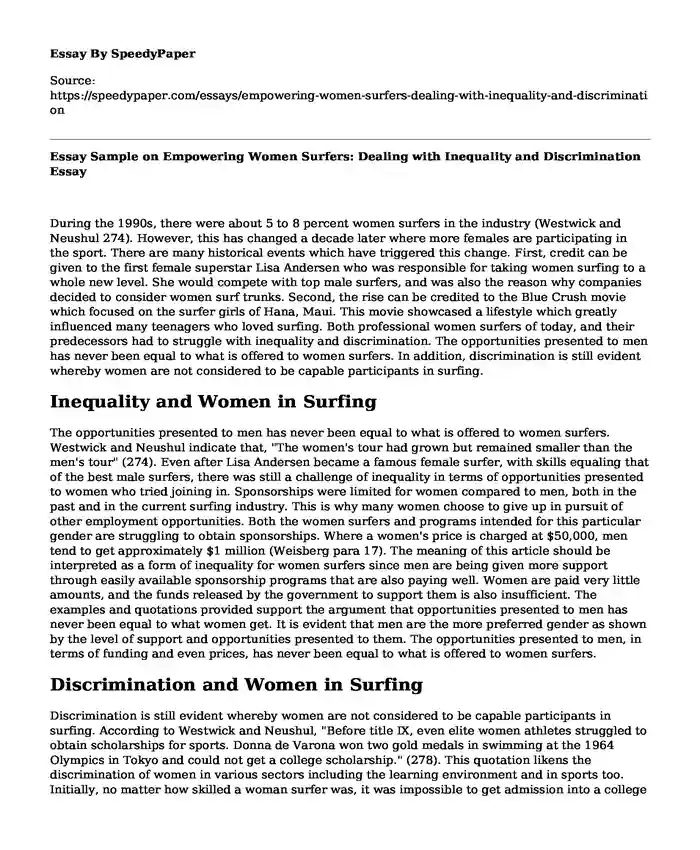 Essay Sample on Empowering Women Surfers: Dealing with Inequality and Discrimination