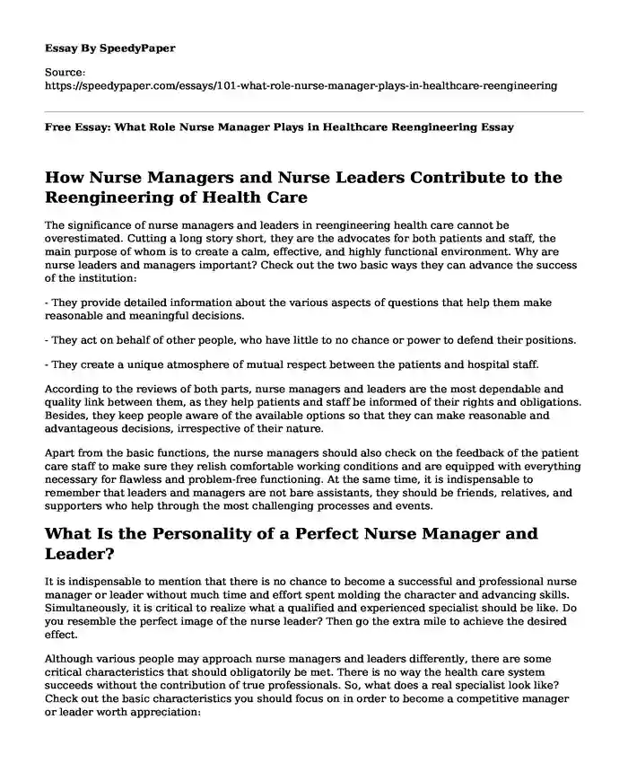 nurse manager role essay