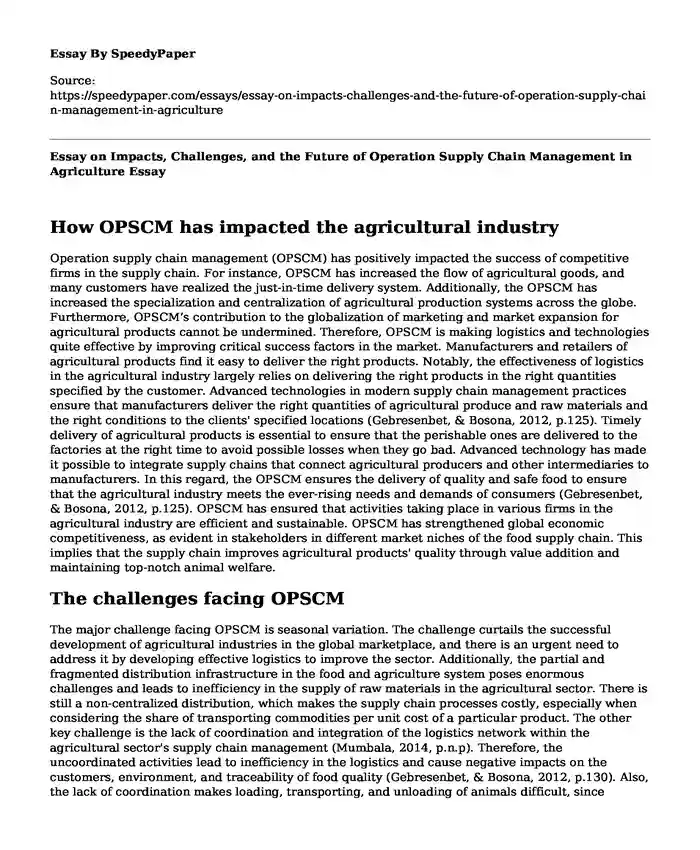 Essay on Impacts, Challenges, and the Future of Operation Supply Chain Management in Agriculture