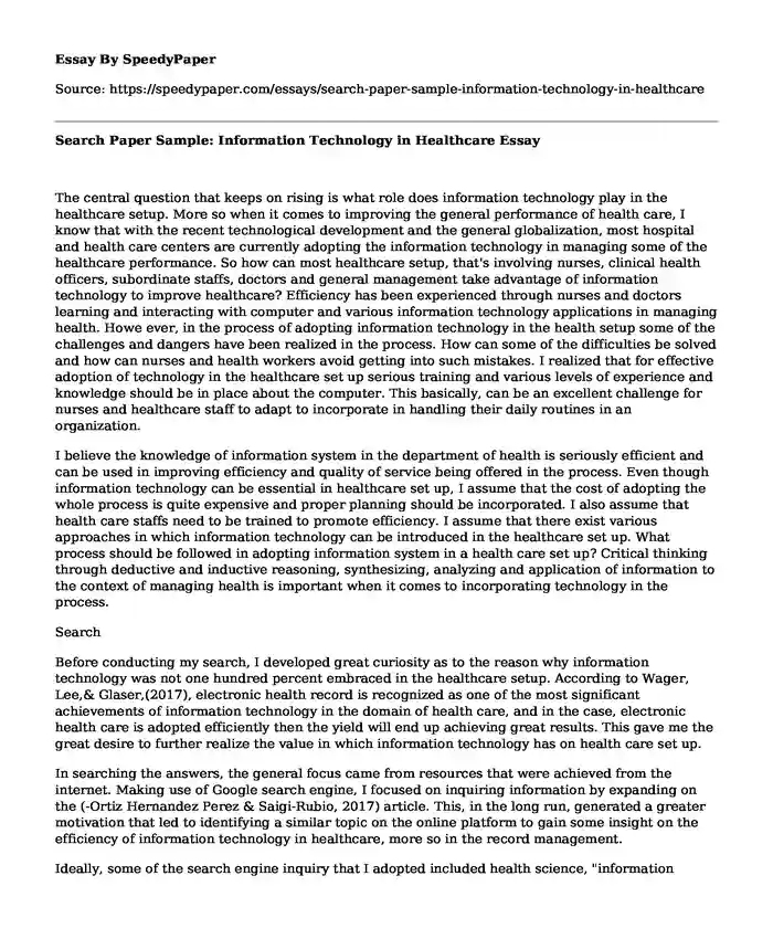 Search Paper Sample: Information Technology in Healthcare