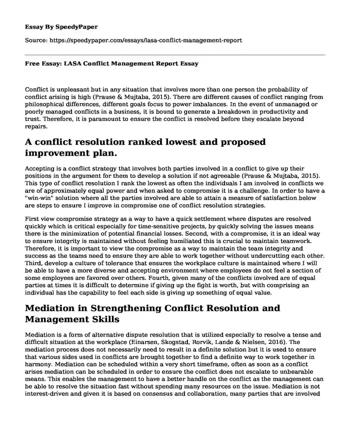 Free Essay: LASA Conflict Management Report