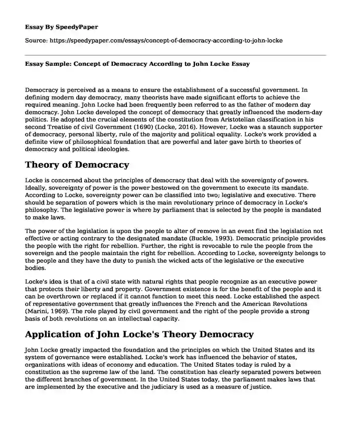 Essay Sample: Concept of Democracy According to John Locke