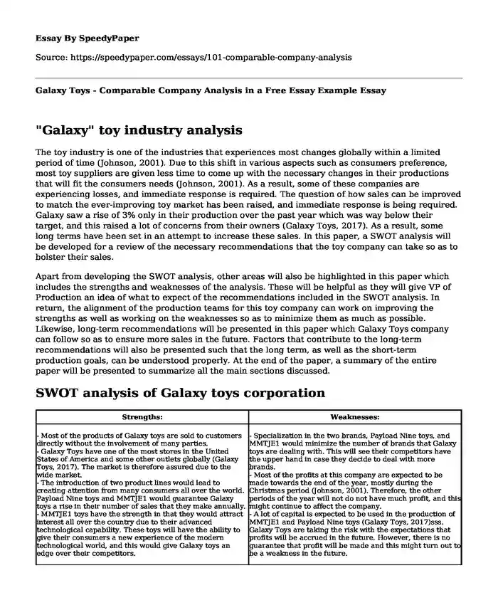 Galaxy Toys - Comparable Company Analysis in a Free Essay Example 