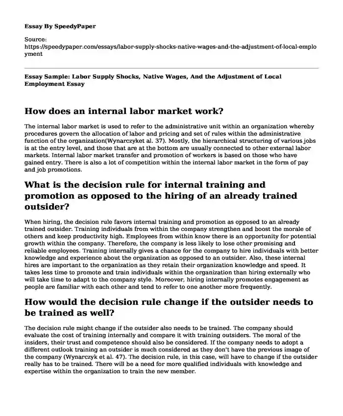 Essay Sample: Labor Supply Shocks, Native Wages, And the Adjustment of Local Employment