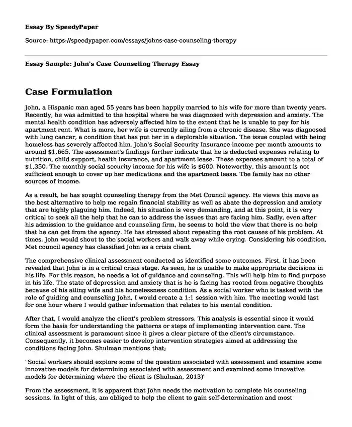 Essay Sample: John's Case Counseling Therapy