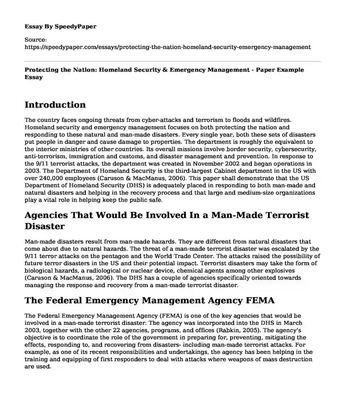 Protecting the Nation: Homeland Security & Emergency Management - Paper Example