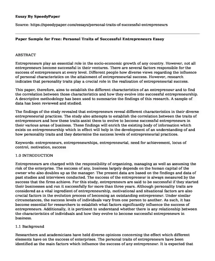 Paper Sample for Free: Personal Traits of Successful Entrepreneurs