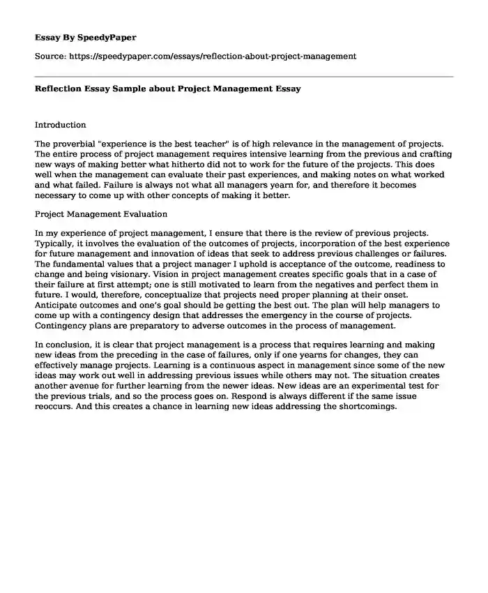 Reflection Essay Sample about Project Management