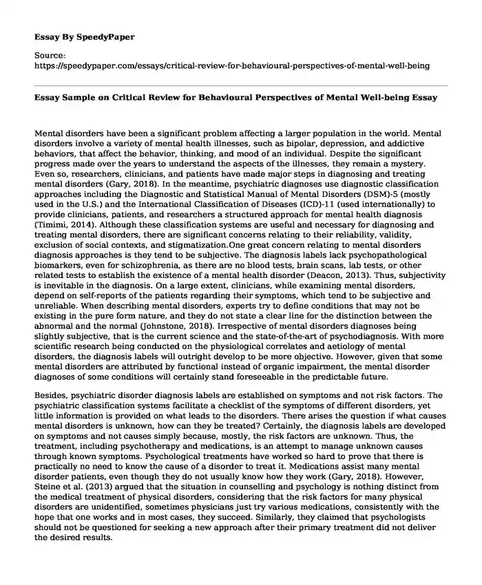 Essay Sample on Critical Review for Behavioural Perspectives of Mental Well-being