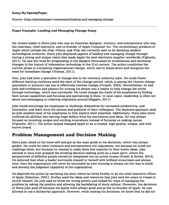 Paper Example: Leading and Managing Change