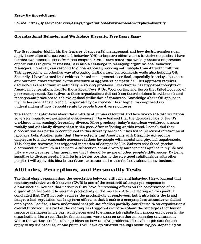 Organizational Behavior and Workplace Diversity. Free Essay