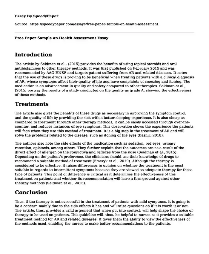 Free Paper Sample on Health Assessment