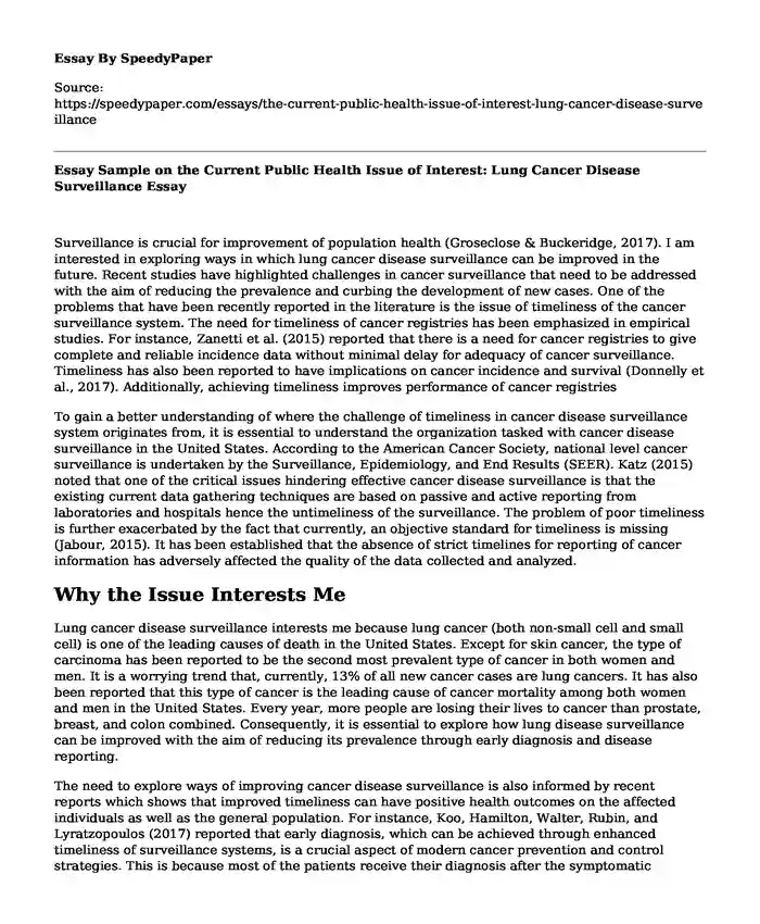 Essay Sample on the Current Public Health Issue of Interest: Lung Cancer Disease Surveillance