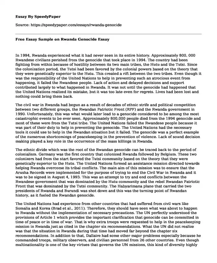 Free Essay Sample on Rwanda Genocide