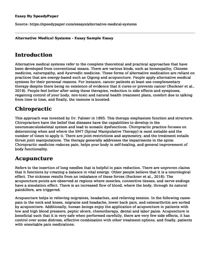 Alternative Medical Systems - Essay Sample