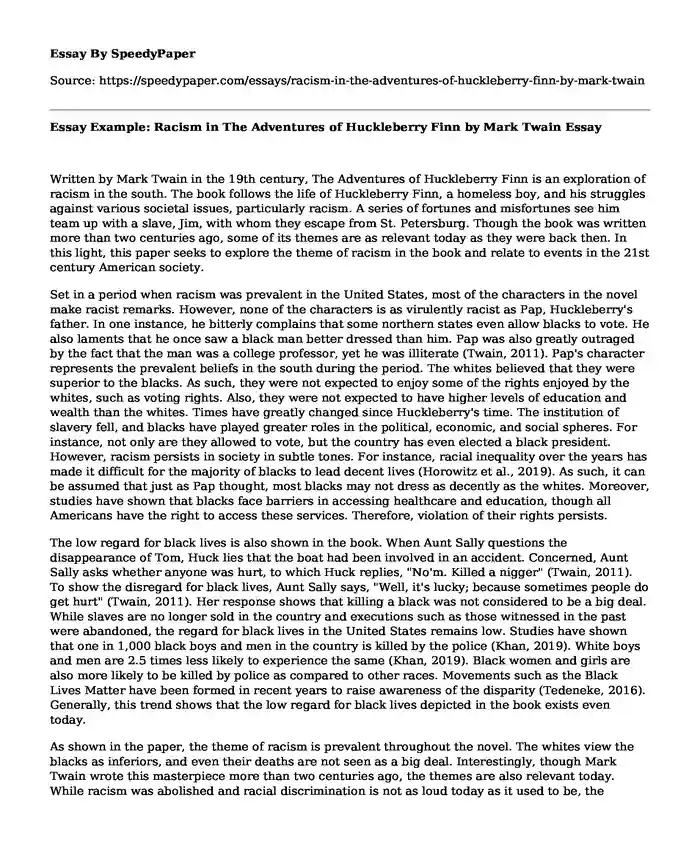 Essay Example: Racism in The Adventures of Huckleberry Finn by Mark Twain