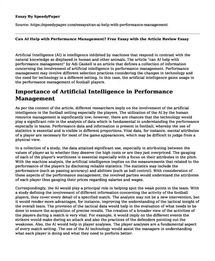 Can AI Help with Performance Management? Free Essay with the Article Review