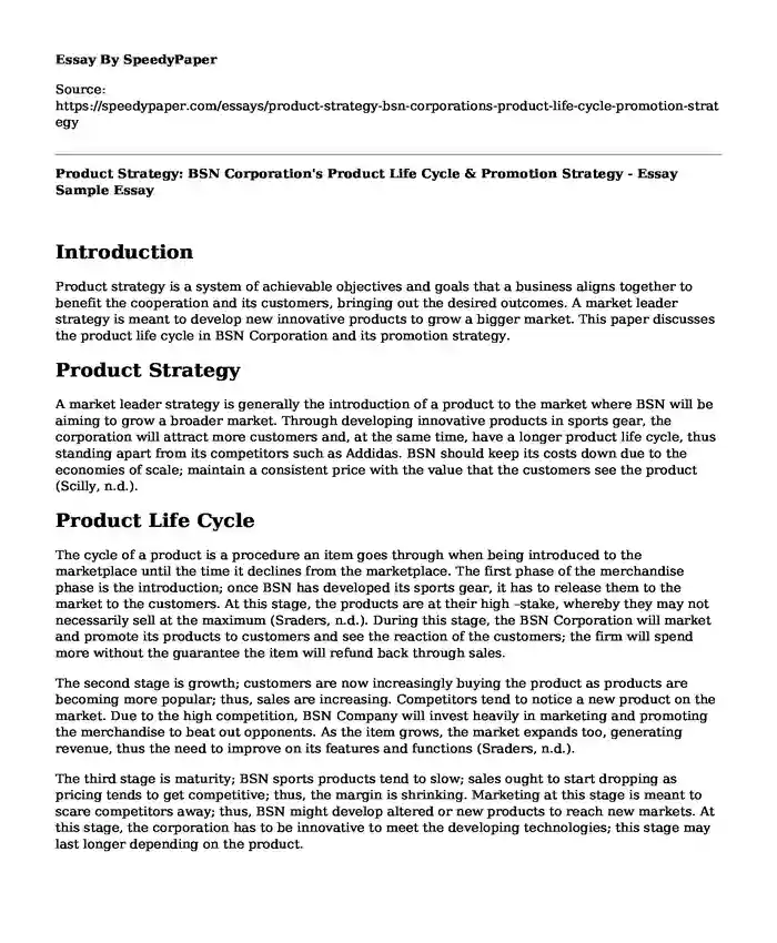 Product Strategy: BSN Corporation's Product Life Cycle & Promotion Strategy - Essay Sample