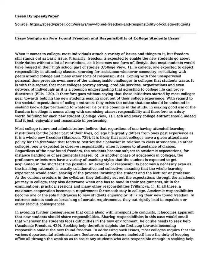 Essay Sample on New Found Freedom and Responsibility of College Students
