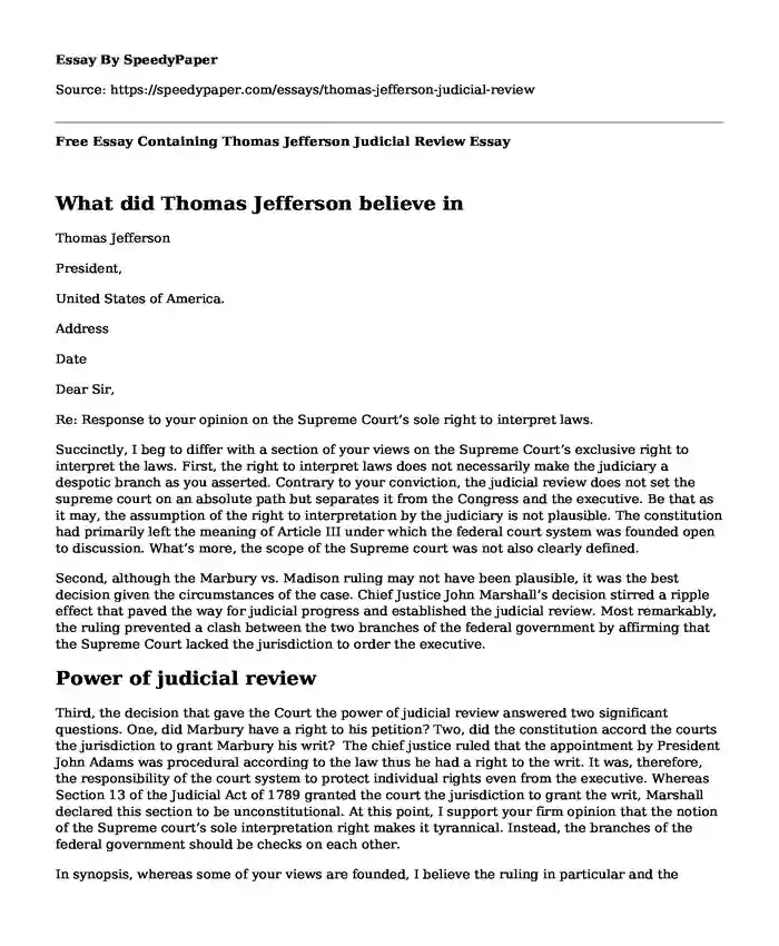 Free Essay Containing Thomas Jefferson Judicial Review