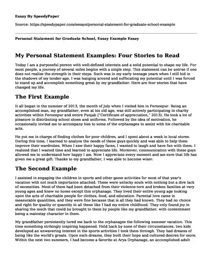 Personal Statement for Graduate School, Essay Example