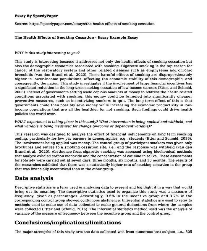 The Health Effects of Smoking Cessation - Essay Example