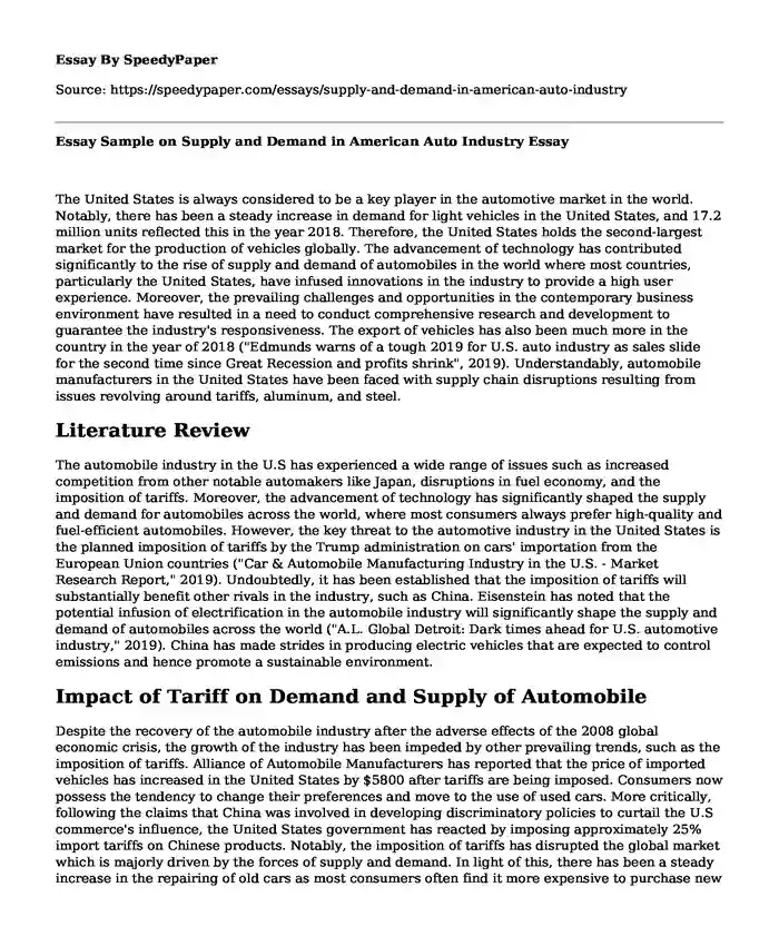 Essay Sample on Supply and Demand in American Auto Industry