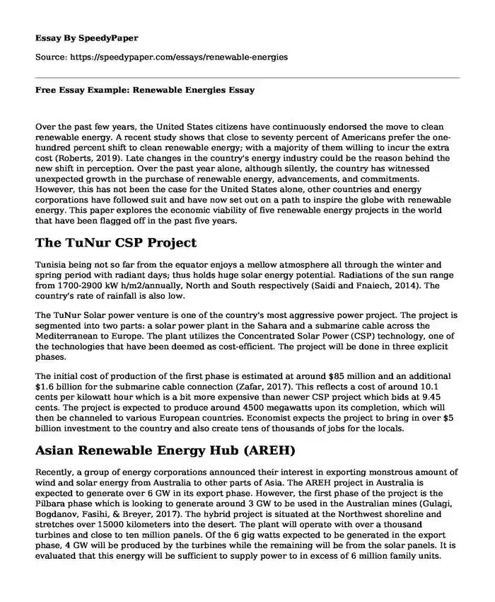 Free Essay Example: Renewable Energies