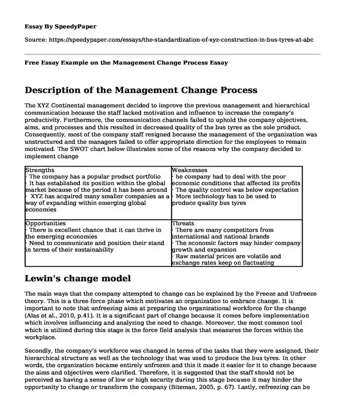 Free Essay Example on the Management Change Process