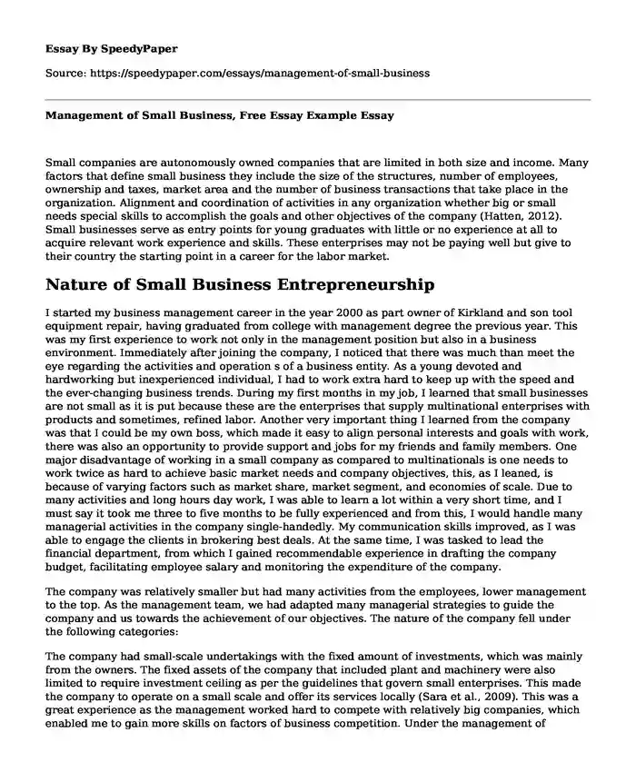 Management of Small Business, Free Essay Example