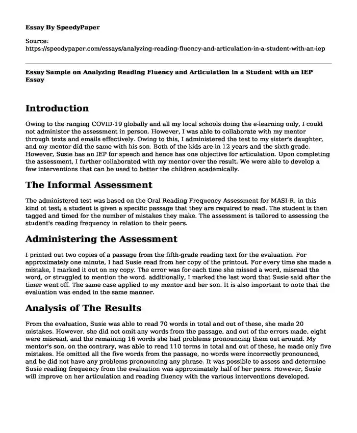 Essay Sample on Analyzing Reading Fluency and Articulation in a Student with an IEP