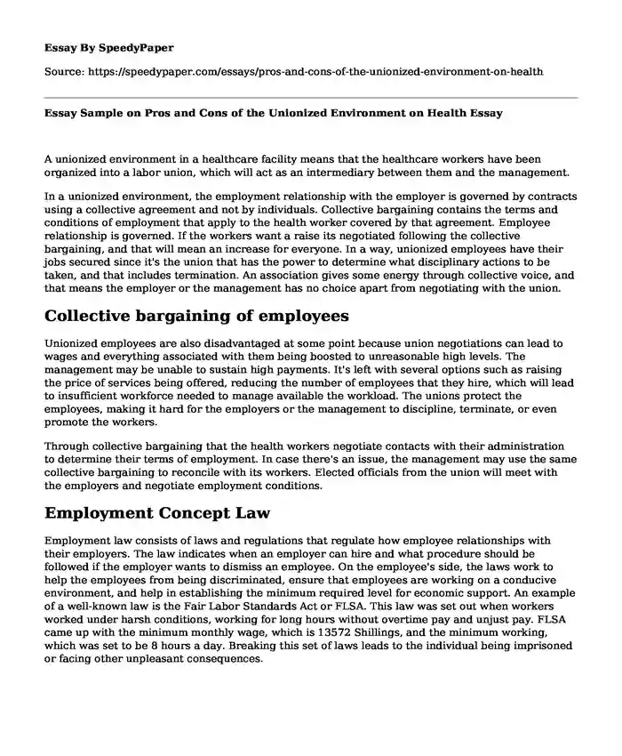 Essay Sample on Pros and Cons of the Unionized Environment on Health