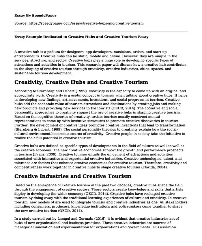 Essay Example Dedicated to Creative Hubs and Creative Tourism