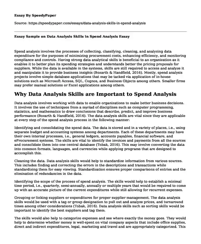 Essay Sample on Data Analysis Skills in Spend Analysis