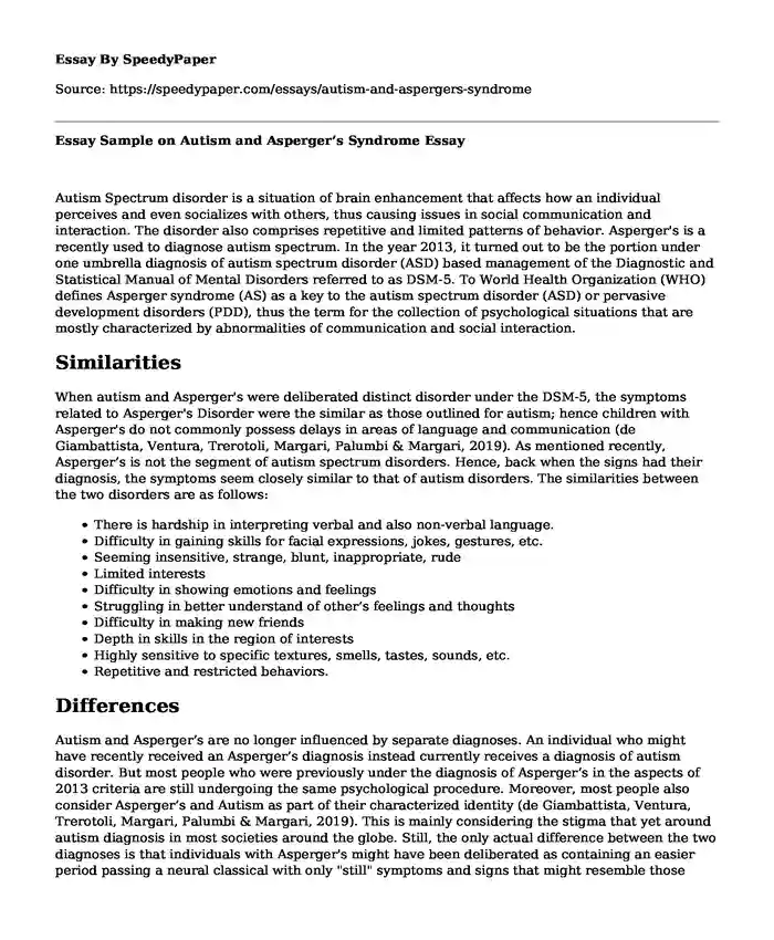 Essay Sample on Autism and Asperger's Syndrome