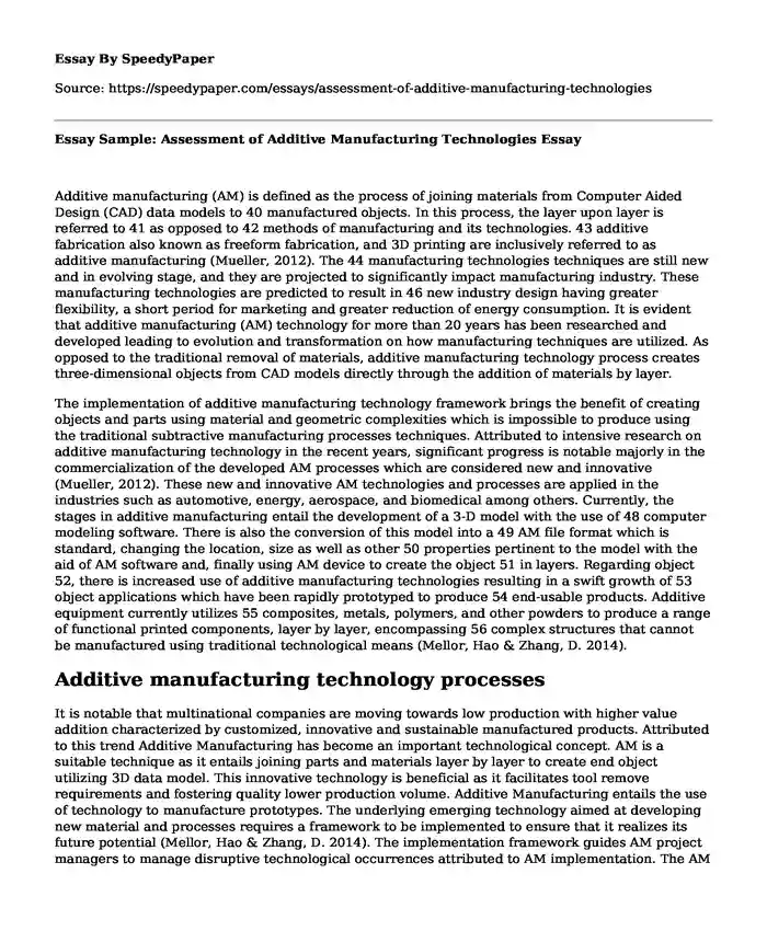 Essay Sample: Assessment of Additive Manufacturing Technologies