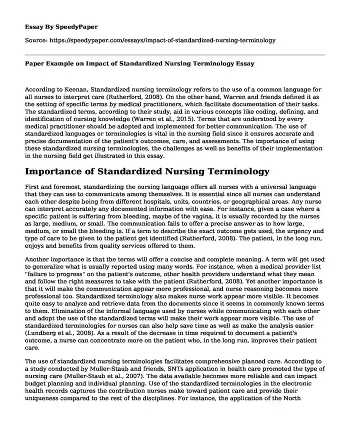 Paper Example on Impact of Standardized Nursing Terminology